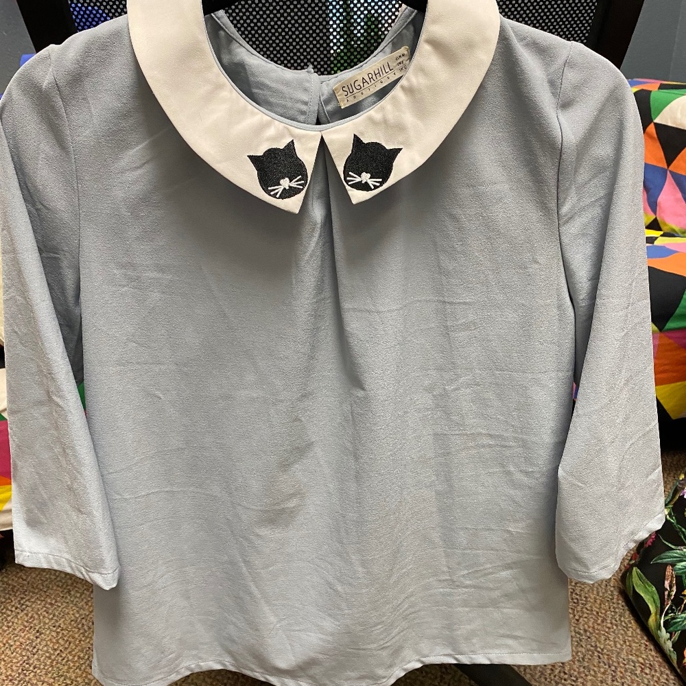 Sugarhill Women's 8 Teal Polyester Kitty Cat faces Peter Pan Collar Top